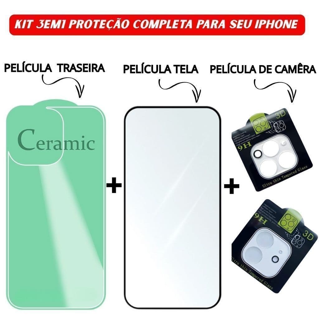 Kit 3em1 Película Traseira+Câmera Transparente+Película Vidro Temperado 3D Para iPhone 11 12 13 14 15 16 Pro Max
