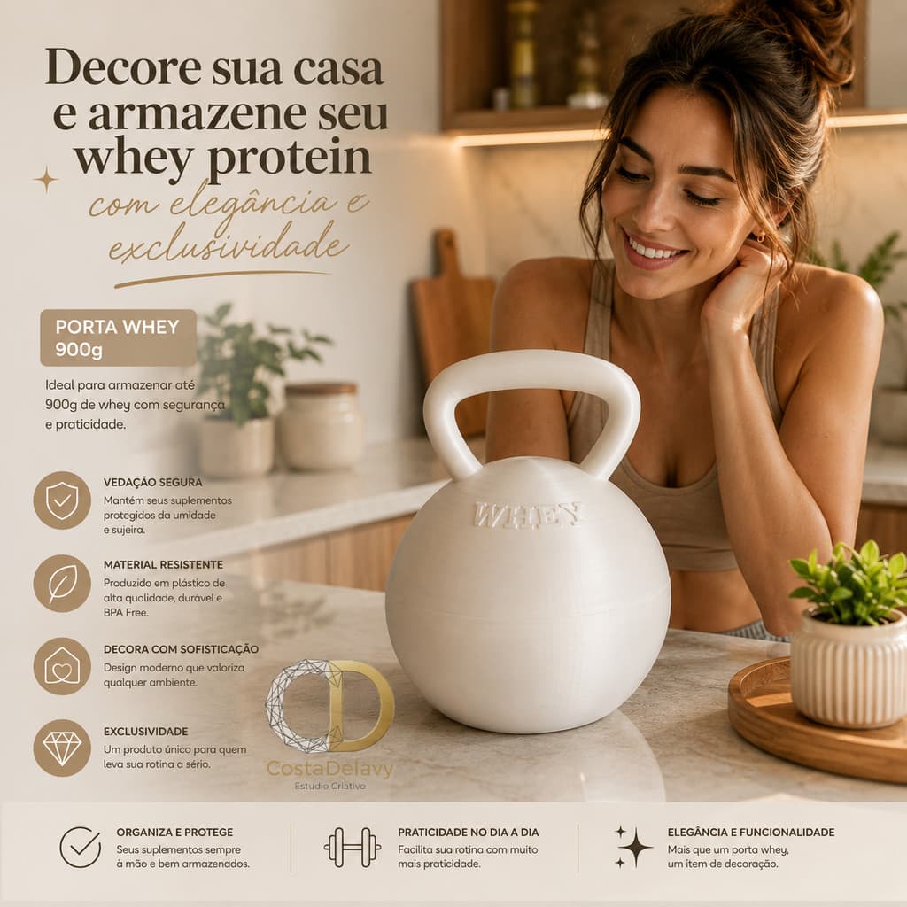 Pote Porta Whey 900g Creatina Suplemento Kettlebell Preto Branco Rosa Lilás