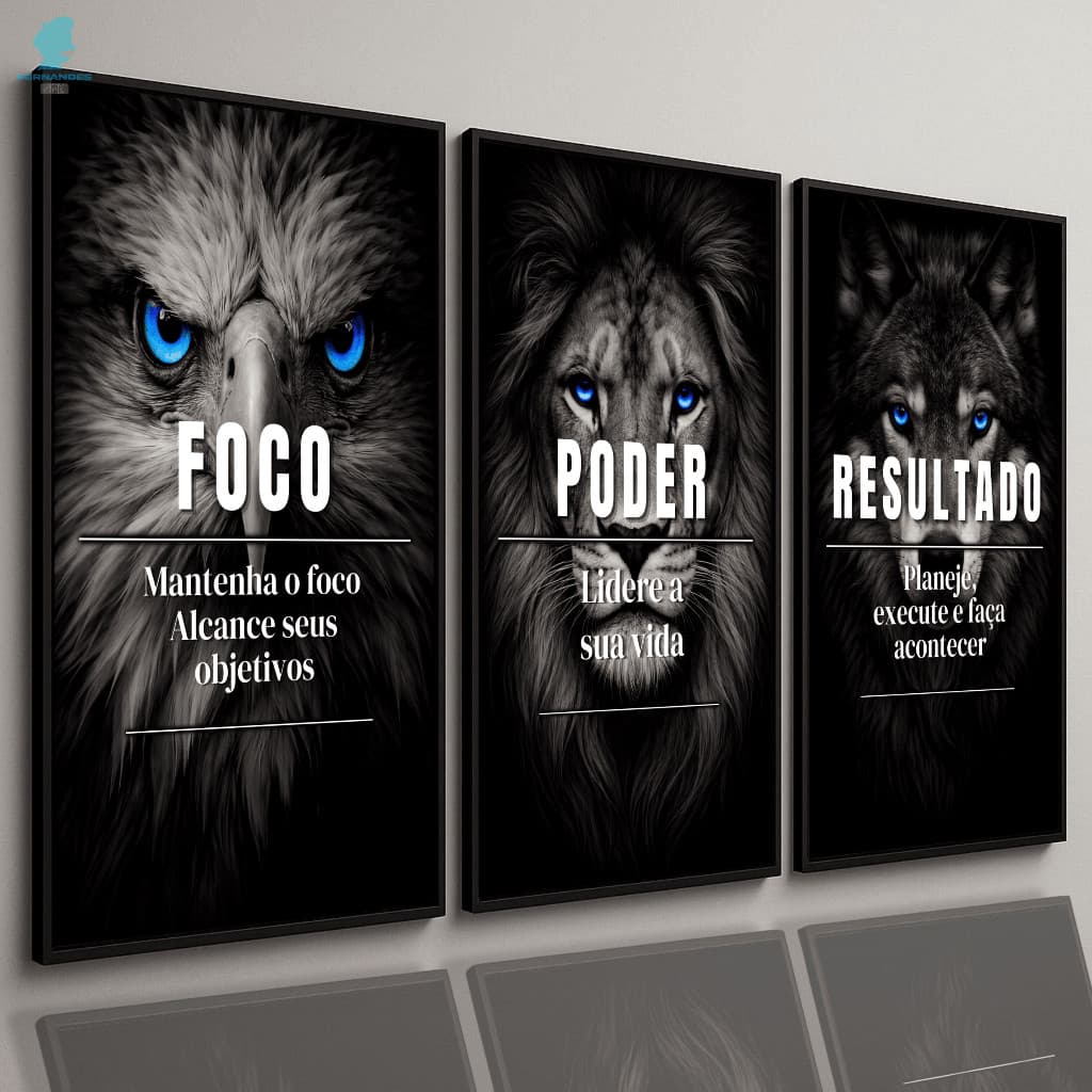 Quadros Decorativos Trio Leão Lobo Águia Preto Motivacional Luxo Sala Quarto