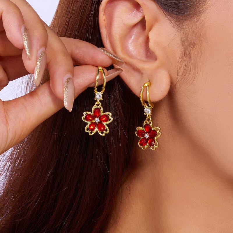 Versão coreana temperamento roxo cristal pétala diamante flor brincos moda doce feminino flor de cerejeira pingente orel