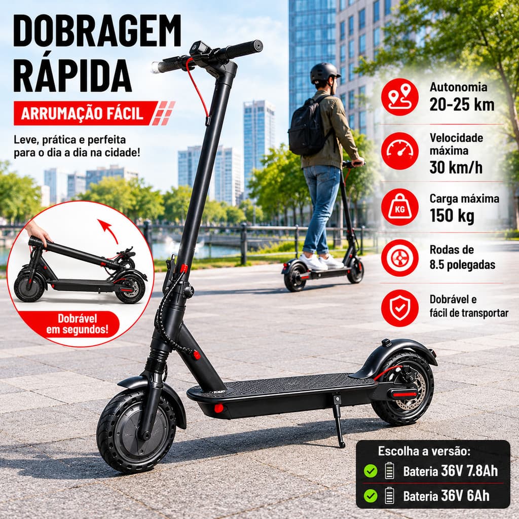 Patinete Elétrico Adulto Dobrável Portátil com Bateria de Longa Duração e Estrutura Resistente e Design Ergonômico