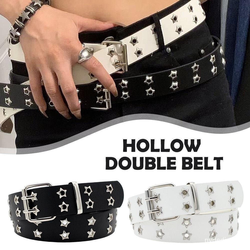 Feminino Punk Corrente Moda Cinto De Couro Ajustável Fileira Dupla Blet M8r6