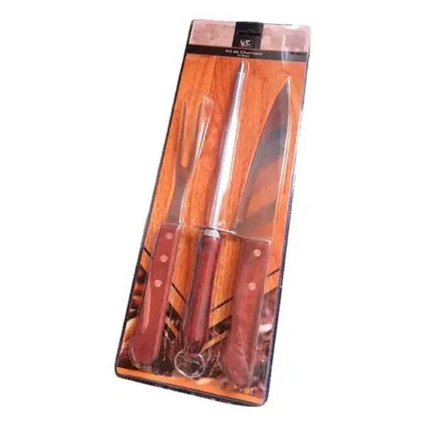 Kit Churrasco 3 Peças em Aço Inoxidável e Madeira KC HOME