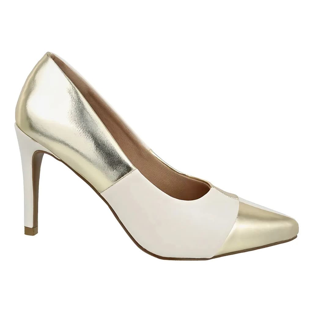 Scarpin Salto Fino Xadrez Off White Ouro Light 5550