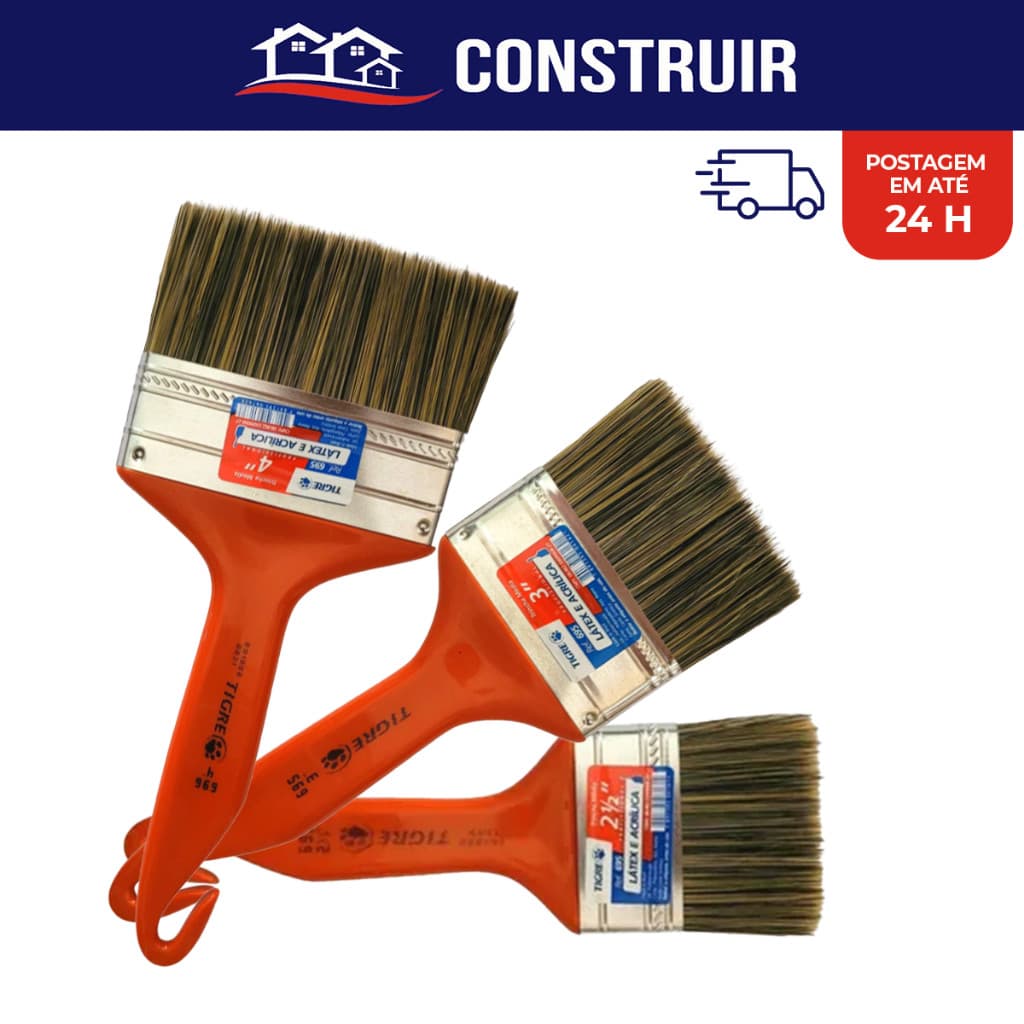 Kit de Pincéis Para Pintura Tigre 3 Unidades Trincha Profissional Sala Quarto Parede 2/12 - 3" - 4"