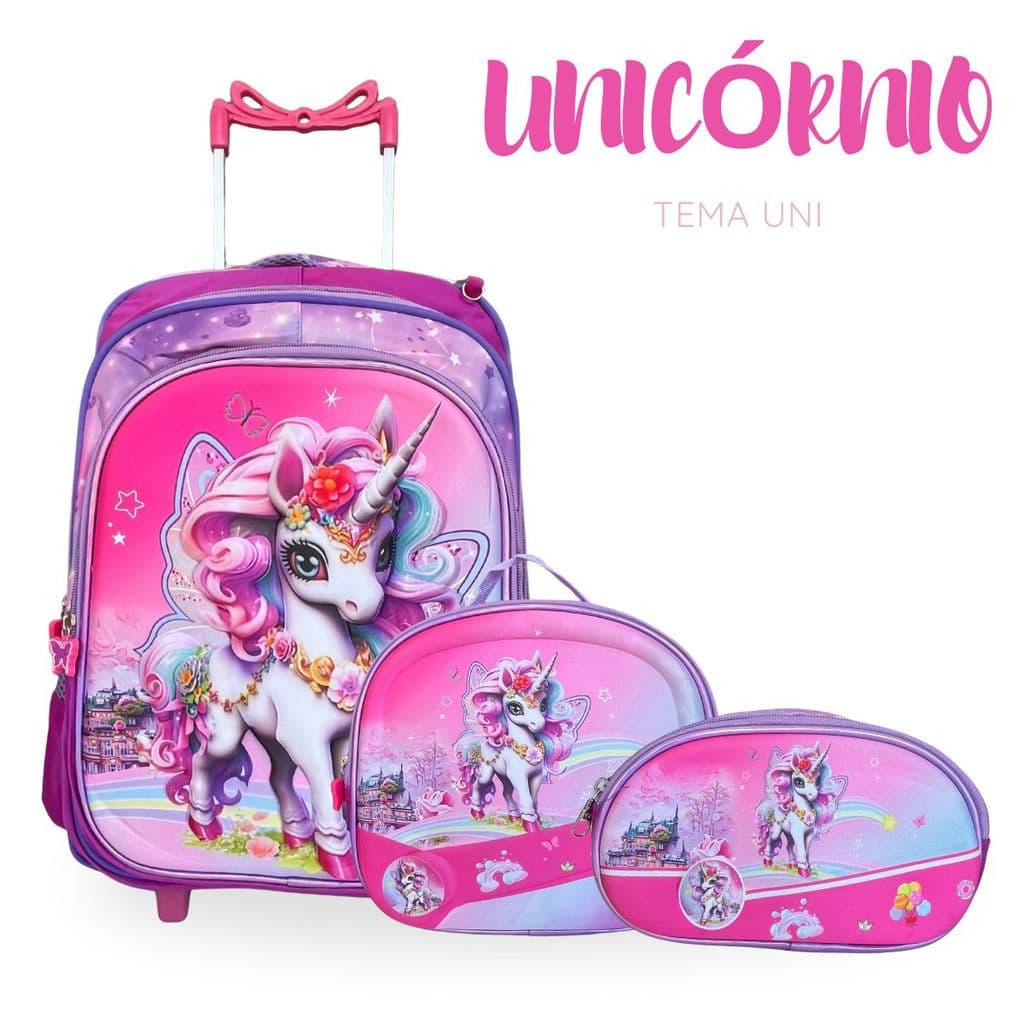 Conjunto Escolar Unicórnio 2026 – Mochila + lancheira + estojo, encantando o retorno às aulas