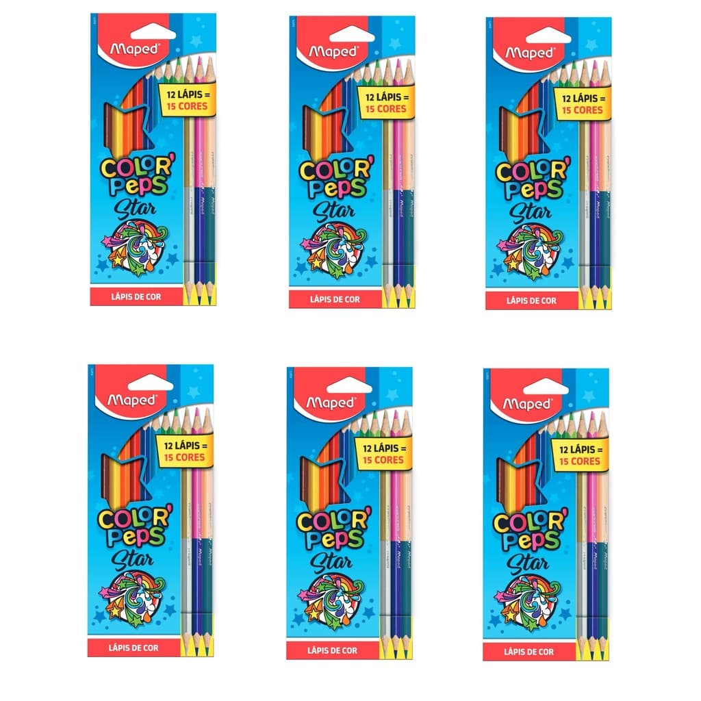 LÁPIS DE COR C/12 LÁPIS 15 CORES MAPED COLORPEPS STAR - KIT C/6un