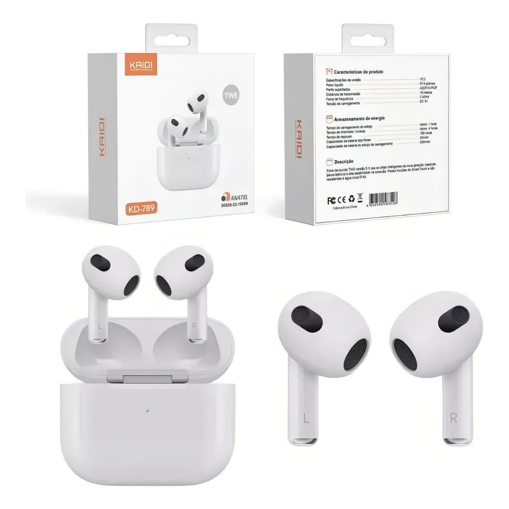 Fone De Ouvido Sem Fio Bluetooth Kaidi Tws Kd-789 Cor Branco Branco