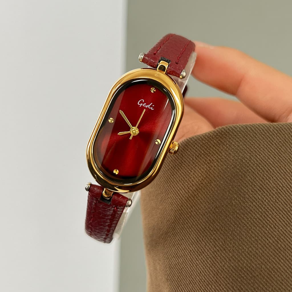 Relógio feminino oval vintage de estilo francês, relógio de pulso de quartzo com pulseira de couro elegante e simples, e