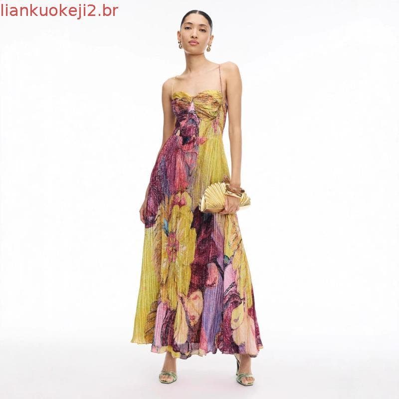 Vestido de Noite Floral Elegante Europeu e Americano com Cintura Ajustada e Sem Alças