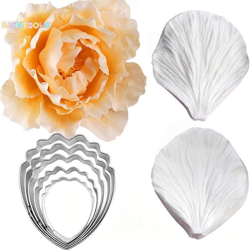 Rightrous Peônia Veiner Molde De Silicone 5/7 Pcs Conjunto Com Cortador De Flores Folha Para Decoração De Bolo Fondant D