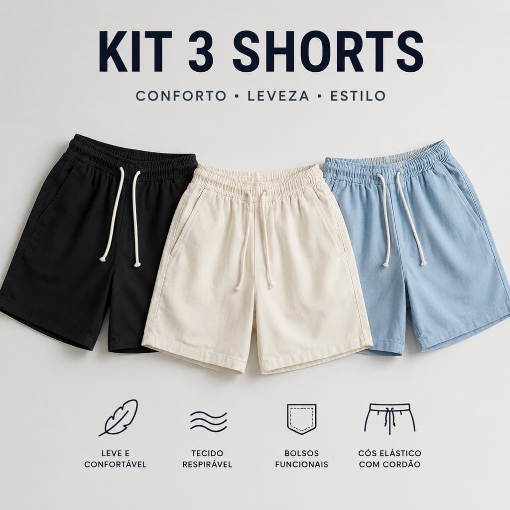 Kit com 3 Bermudas de Linho Adulto Shorts com 3 Bolsos