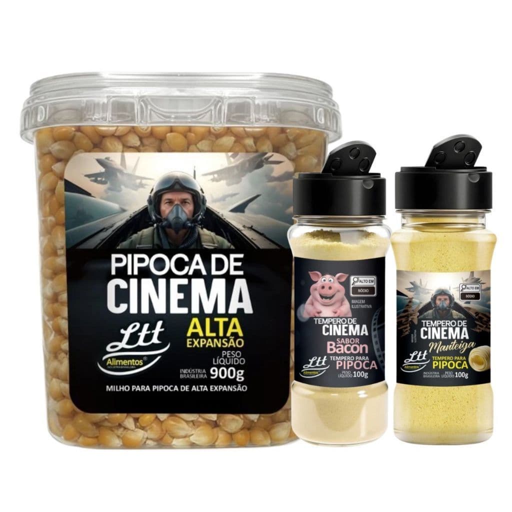 Milho de Pipoca Cinema No Pote 900g + 2 Tempero Para Pipoca Sabor Manteiga E Bacon 100g - LáFerrer