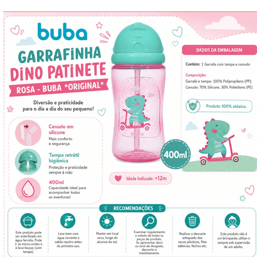 Garrafinha de Água Buba 400ml Criança Bebê Canudo em Silicone Dinossauro