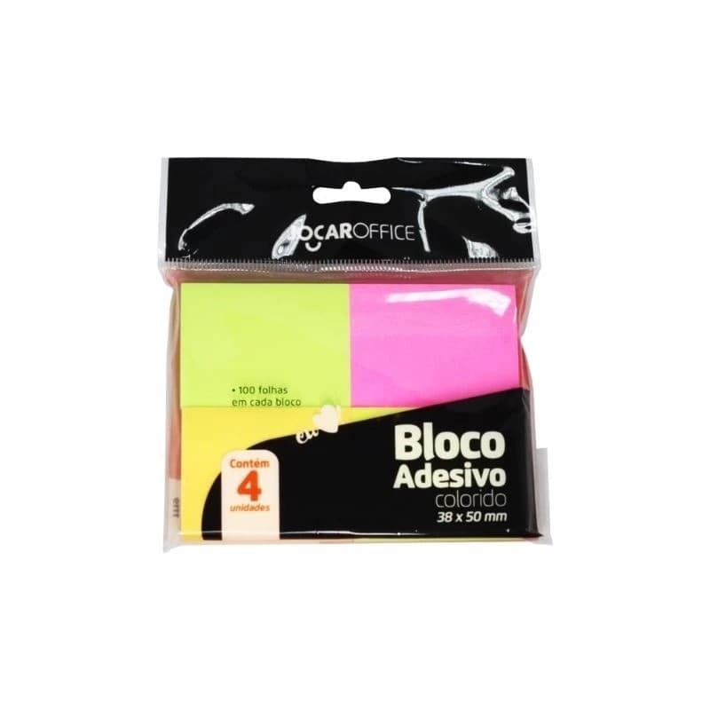 BLOCO ADESIVO COLORIDO NEON 38MMX50MM - OPPBAG C/ 4 BLOCOS 100F CADA JOCAR OFFICE
