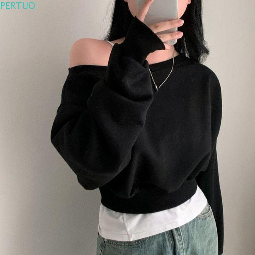Camiseta PERTUO De Manga Comprida , Blusa Retrô De Ombro Solto , Moletons Casuais Elegantes De Cor Sólida Para Mulheres
