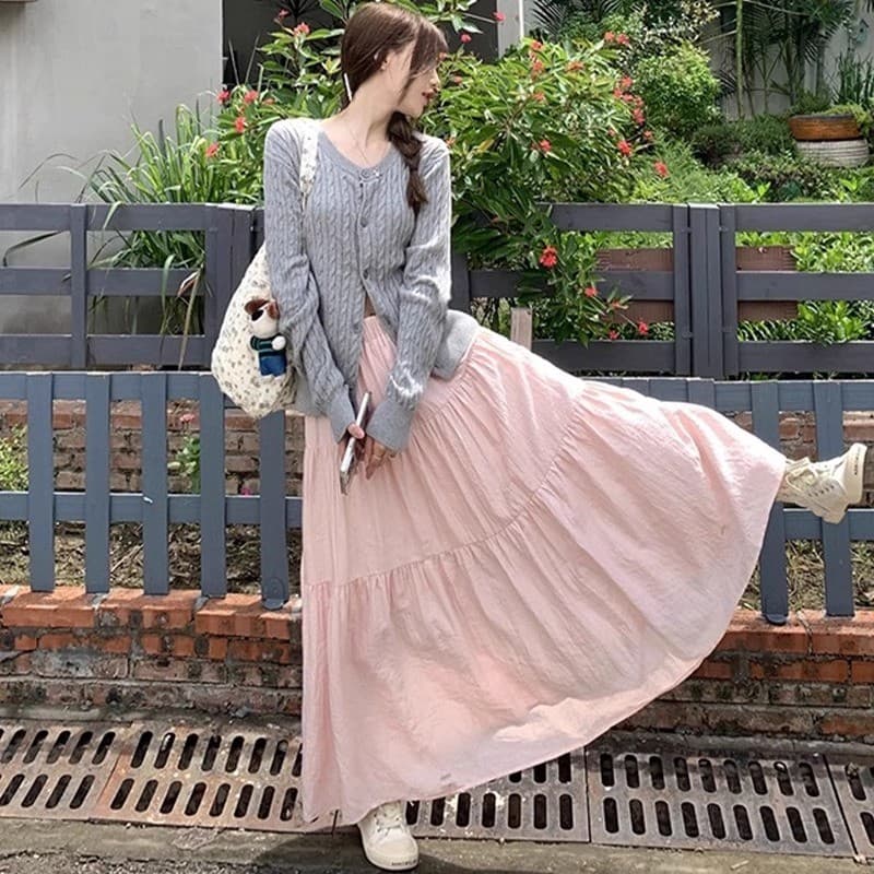 MUJI saia rosa feminina 2026 novo estilo verão cintura alta mais magro olhar guarda-chuva saia a linha saia longa pequen