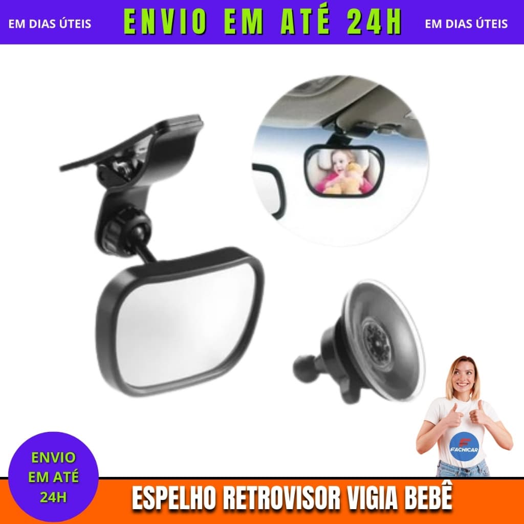 Espelho Retrovisor Interno Vigia Bebê Universal Carro 2 Encaixes 2 Em 1