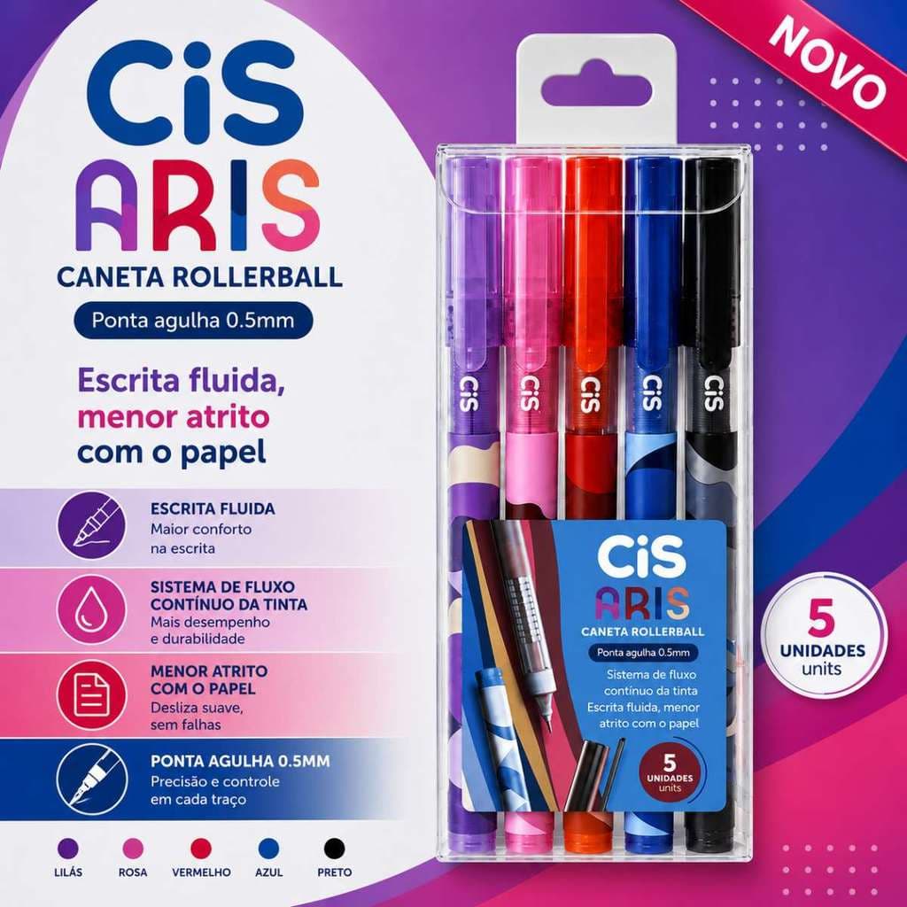 Caneta Rollerball CIS Aris 0.5mm Kit 5 Cores Ponta Agulha Escrita Macia