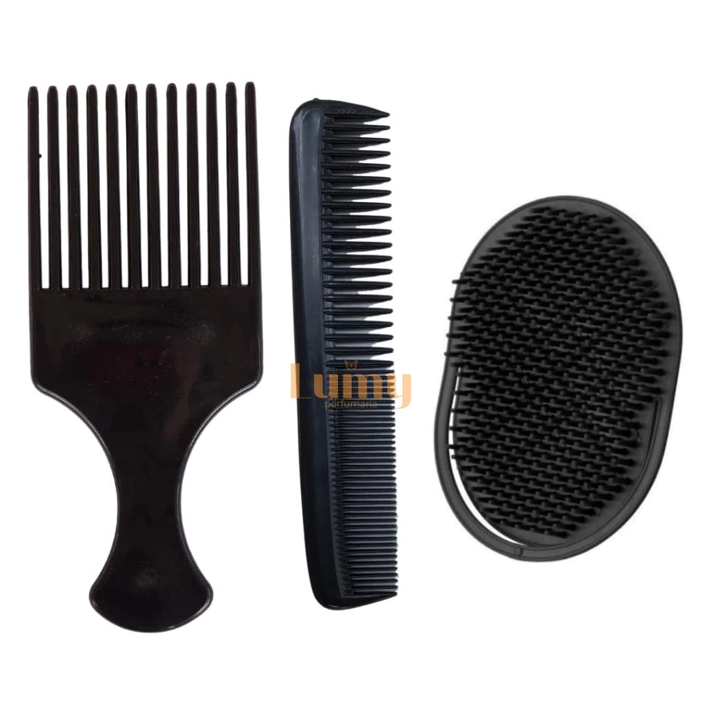 Pente Escova De  Cabelo Oval + Garfo Masculino Preto Kit Homem Barba