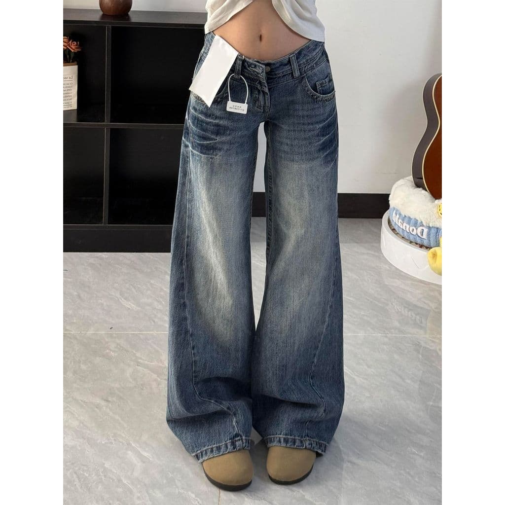 Americano Retro lavado azul ligeiramente até o chão Jeans feminino outono novo estilo pequeno cintura baixa solta calças