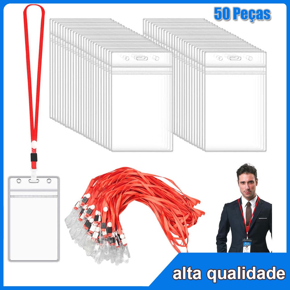 50 porta-crachás Vertical porta-cartões de identificação com Vermelho cordão de protetora de crachás impermeável