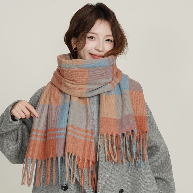 Cachecol de Inverno em Imitação de Cashmere para Mulheres, Simples, Quente e Espesso, com Listras e Padrão Xadrez-&&***-