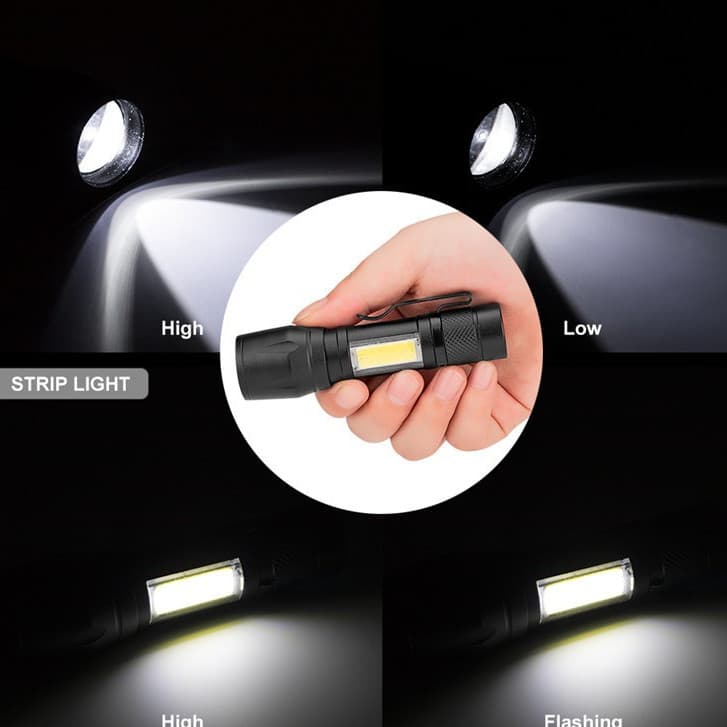 Mini Lanterna Portátil Retrátil, 9,4cm, LED Frontal e Lateral, Clipe Lateral, Compacta e Resistente