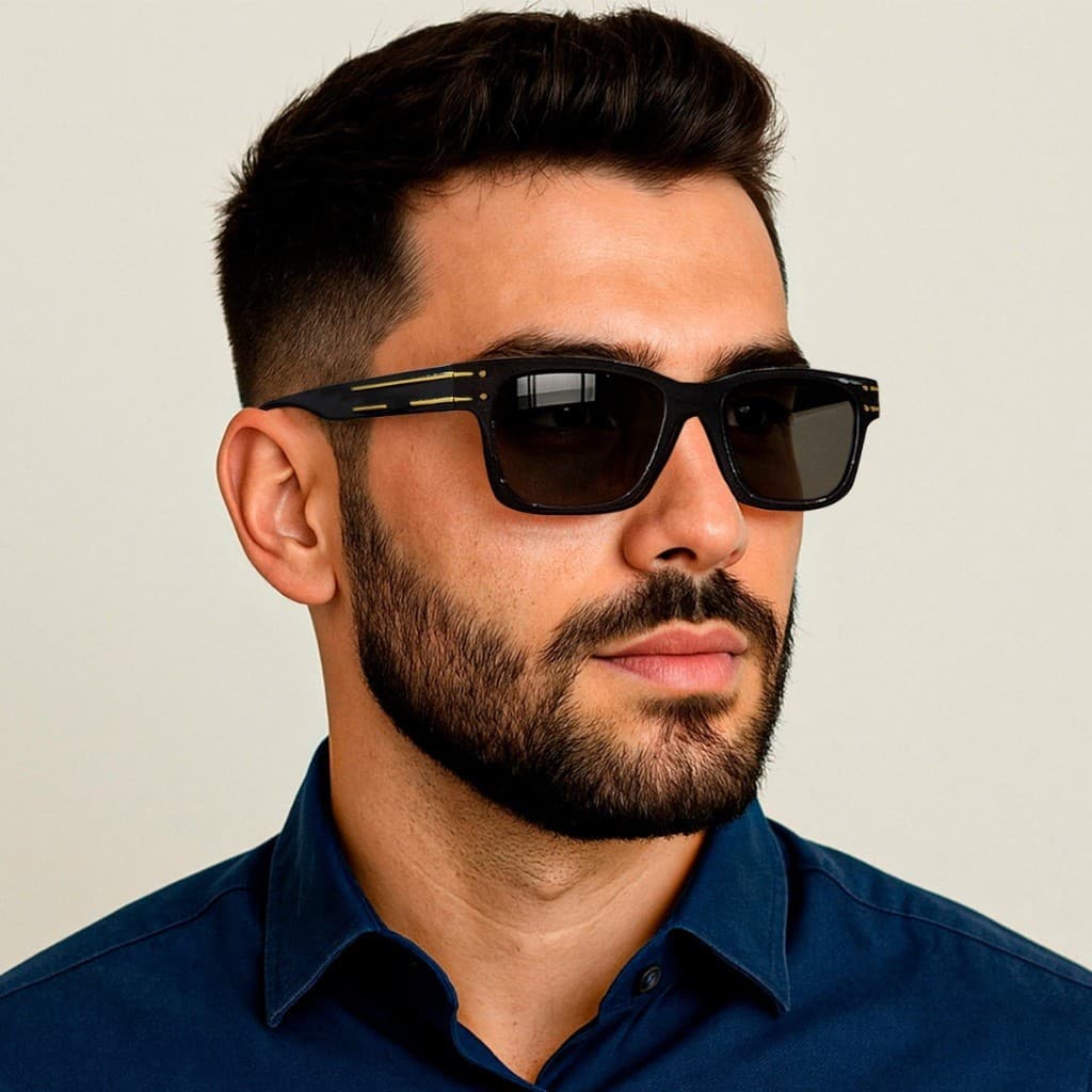 Óculos de Sol Masculino Armação Leve Policarbonato Detalhe Dourado Proteção UV