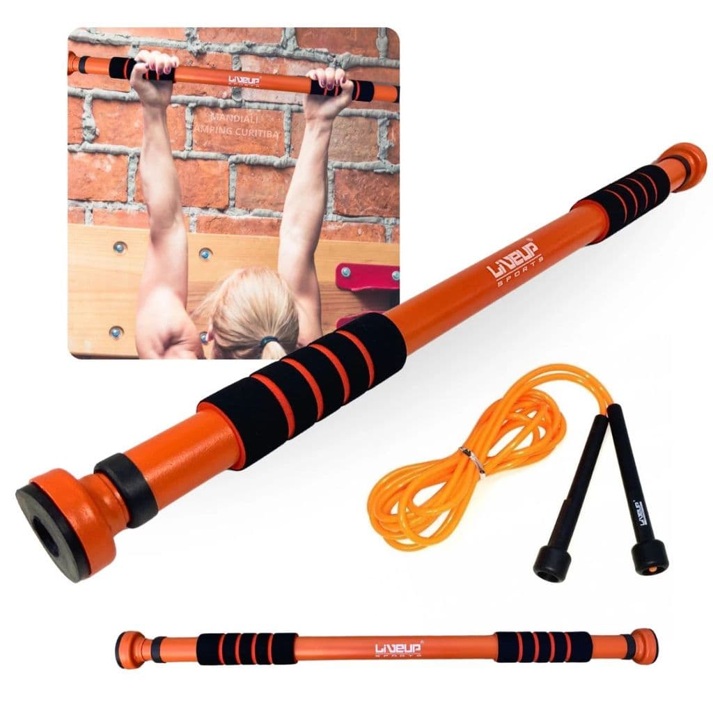 Kit Barra de Porta Sob Pressão Ajustável + Corda de Pular Simples Exercícios Treino em Casa