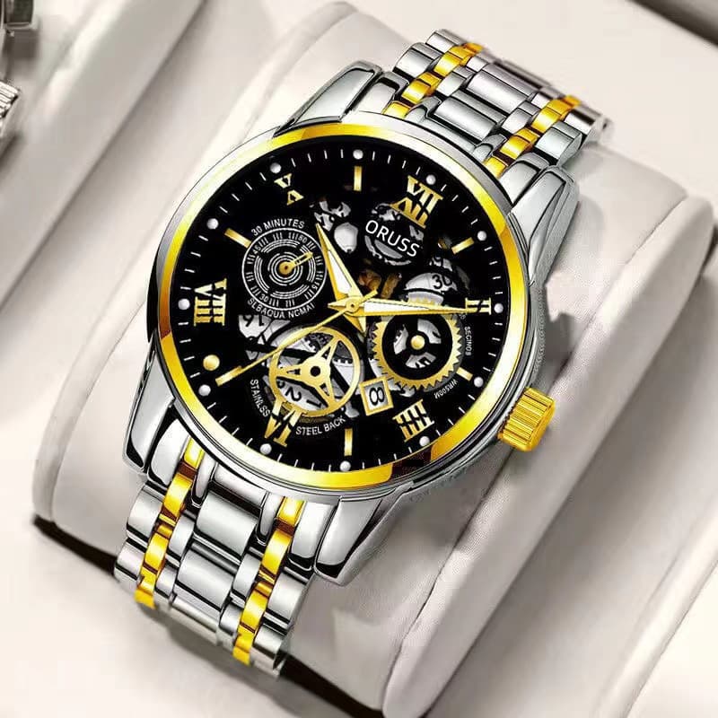 100% Original luxo oco aço inoxidável ouro moda negócios relógio masculino luminoso à prova dwaterproof água calendário