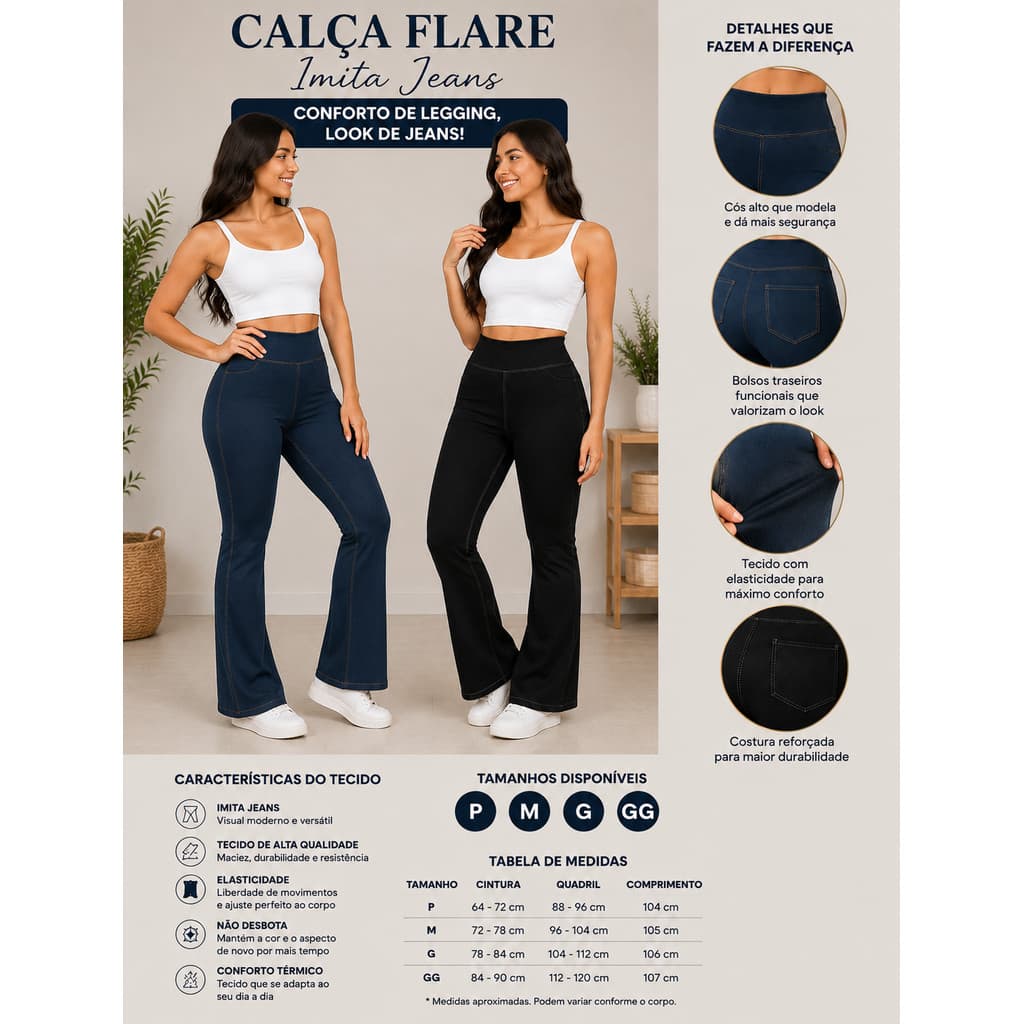 Calça Flare Feminina Imita Jeans Sem Listra Com Bolsos Atras Cintura Alta