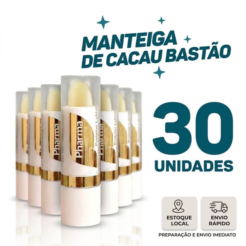 Kit 30 Unidades Balm Labial Manteiga de Cacau Pharma | Hidrata e Protege os Lábios | Resistente ao Frio e Sol