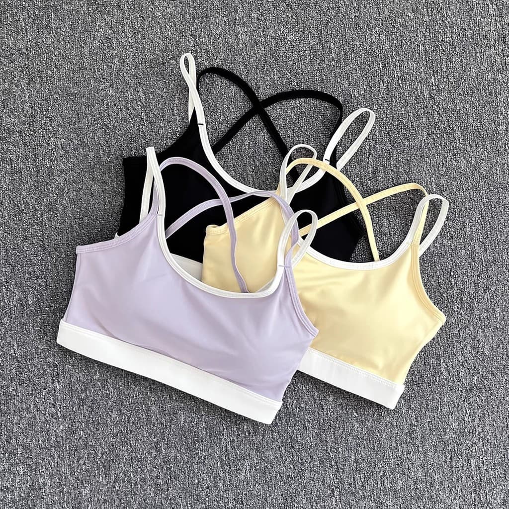 Novo estilo contraste cor cruz linda volta roupa interior esportiva feminina alças de ombro finas de uma peça de alta re