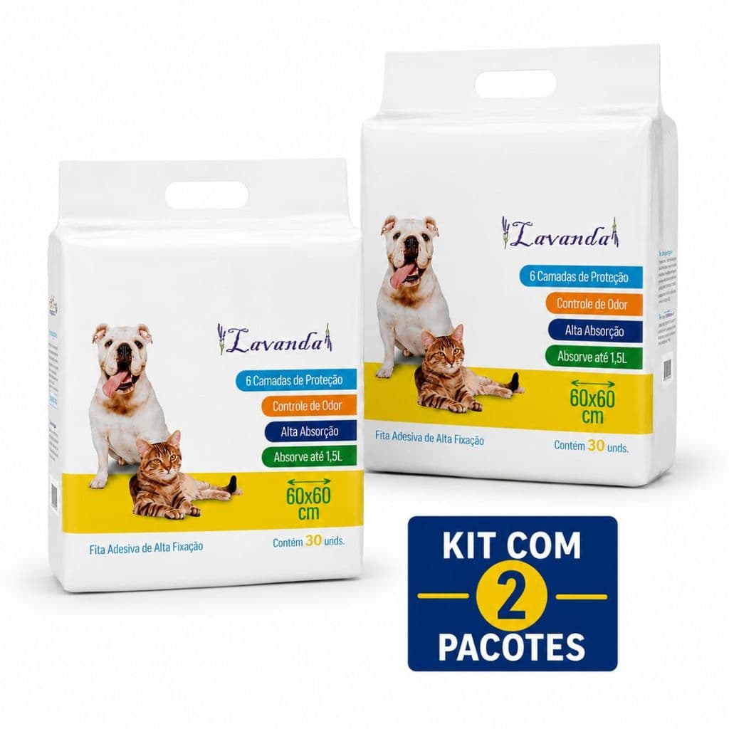 Kit 2 Pacotes Tapete Higiênico Para Pet 6 Camadas de Proteção 60 Unidades 60x60Cm