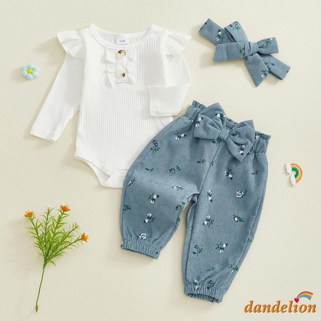 Conjunto De Roupas De Outono Para Bebês Meninas , Macacão De Manga Comprida Com Calças Florais E Faixa De Cabeça