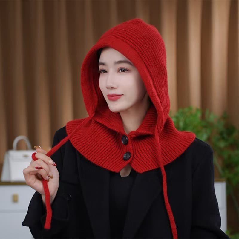 2025 novo estilo de lã cor sólida chapéu de lã babador de uma peça feminino outono inverno engrossado malha cachecol com