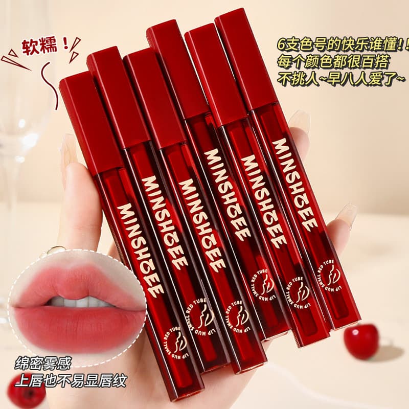Ming Xizhi pequeno tubo vermelho lama labial fosco veludo fosco batom esmalte labial outono inverno clareamento de longa