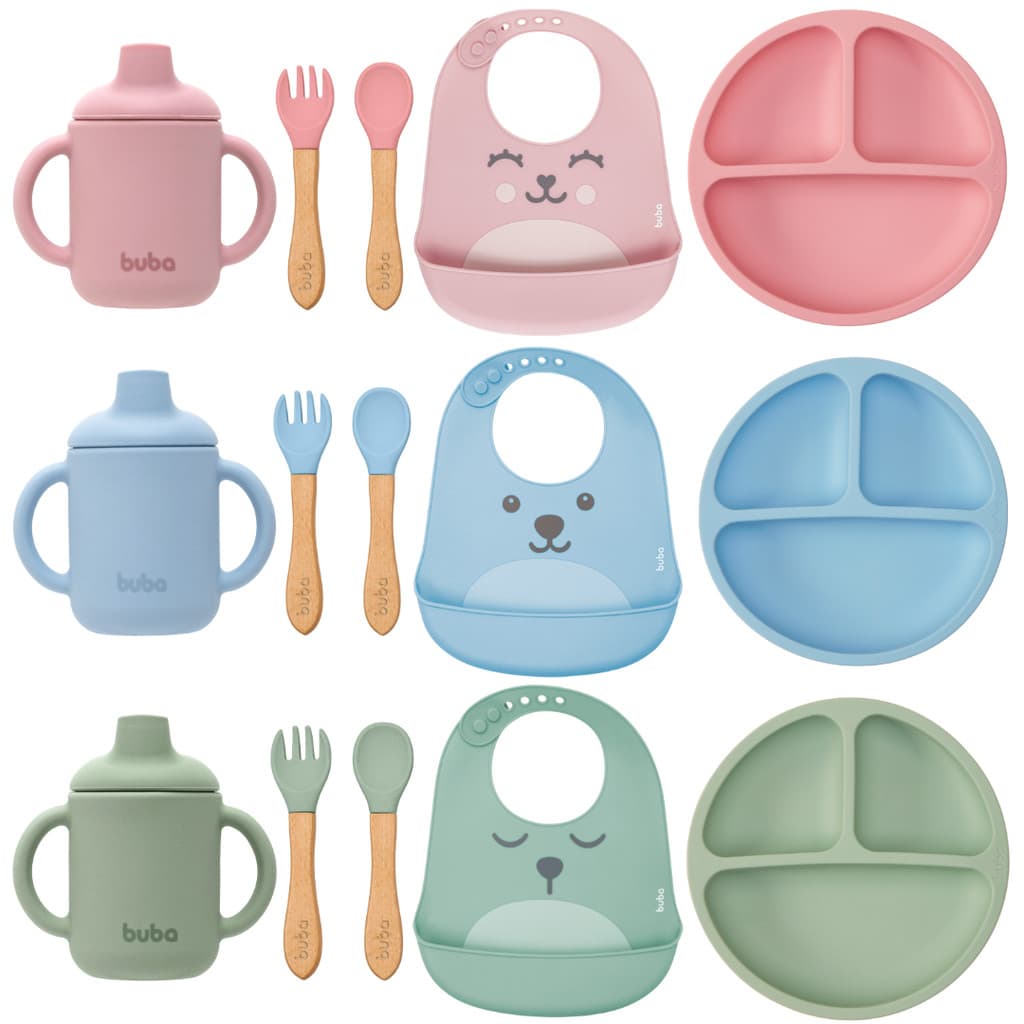 Kit Introdução Alimentar Silicone Buba Prato Ventosa + Kit Talher + Babador + Copo 120ml