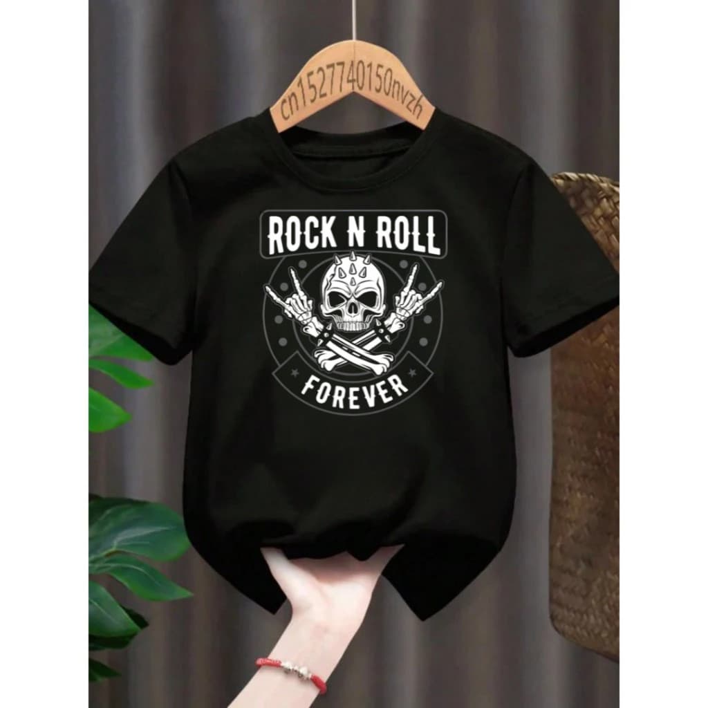 Camiseta Camisa Infantil Juvenil Unissex Rock In Roll Caveira  Forever Dedo % ̃