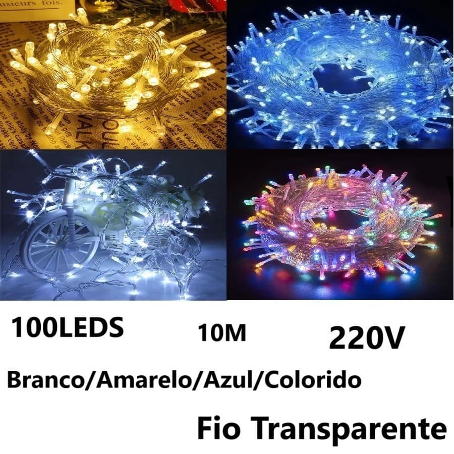 Pisca Pisca 8 Funções 100 Leds 10M 220V Luz De Natal Forte Iluminação Fio Transparente