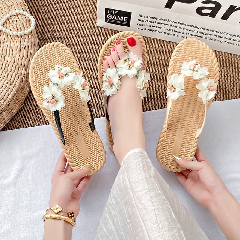 Flor Flip-Flops feminino verão exterior Wear 2026 novo estilo beira-mar praia férias estilo fada chinelos Anti-deslizame