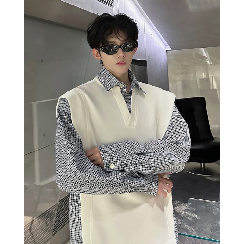 Estilo coreano usar contraste cor costura xadrez colete falso moletom de duas peças masculino Design de manga comprida s