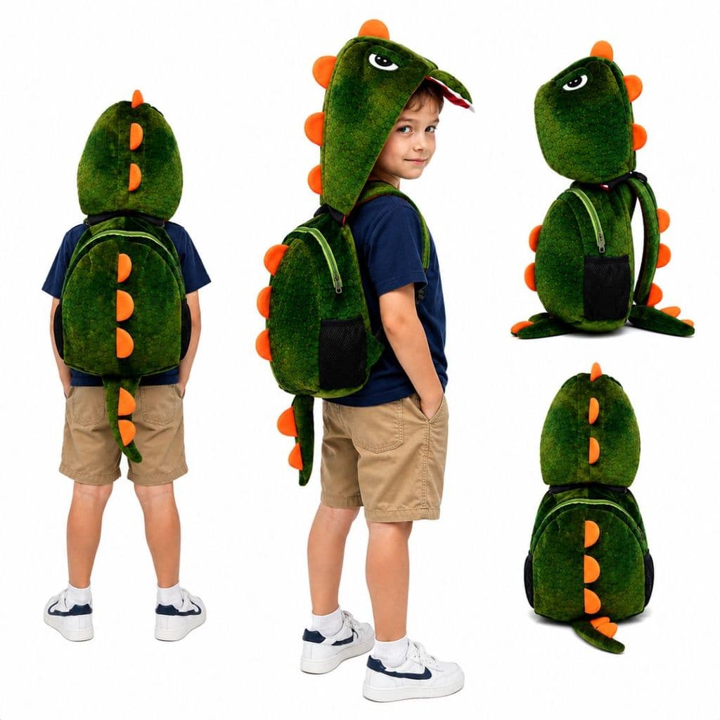 Mochila Infantil Dinossauro 3D Pelúcia com Capuz Removível Menino Menina Passeio