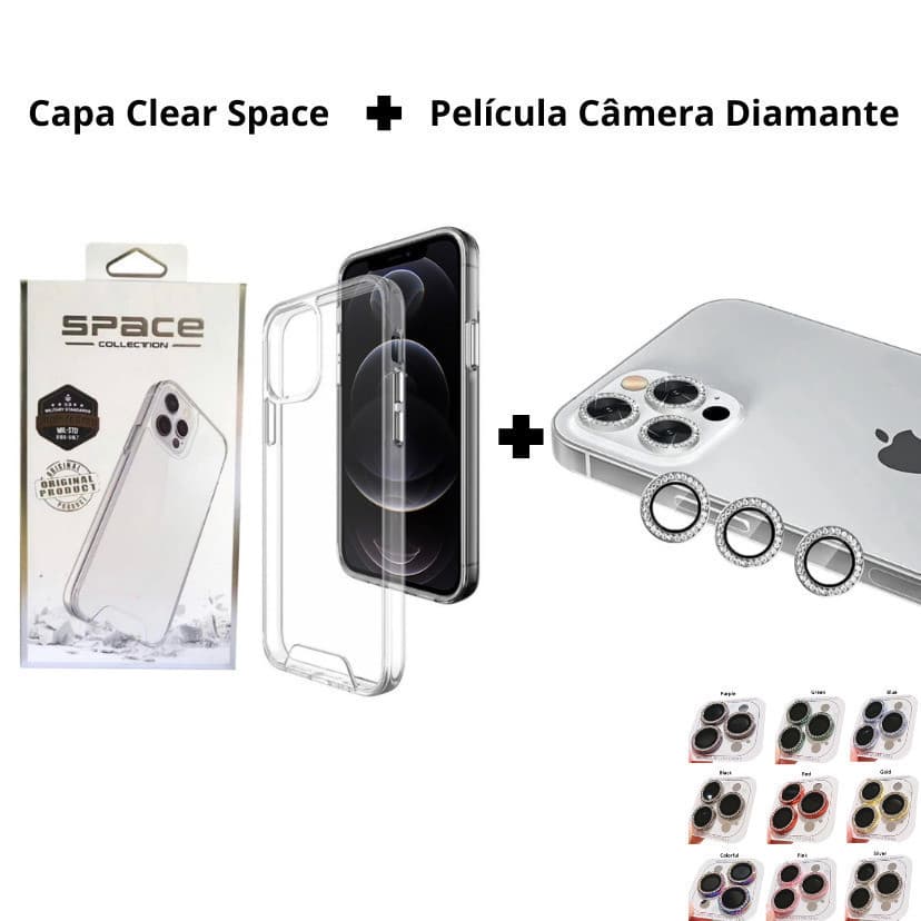 Kit Capa Clear Space Transparente + Película De Câmera Diamante 11 12 13 14 15 16 Pro Max - Premium