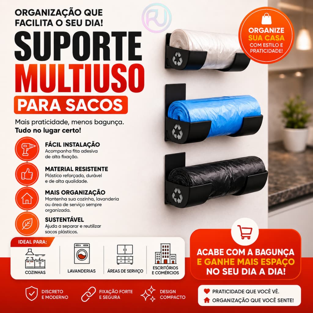 Suporte Rolo Saco de Lixo Parede Adesivo Porta Sacola Organização Cozinha Sem Furar