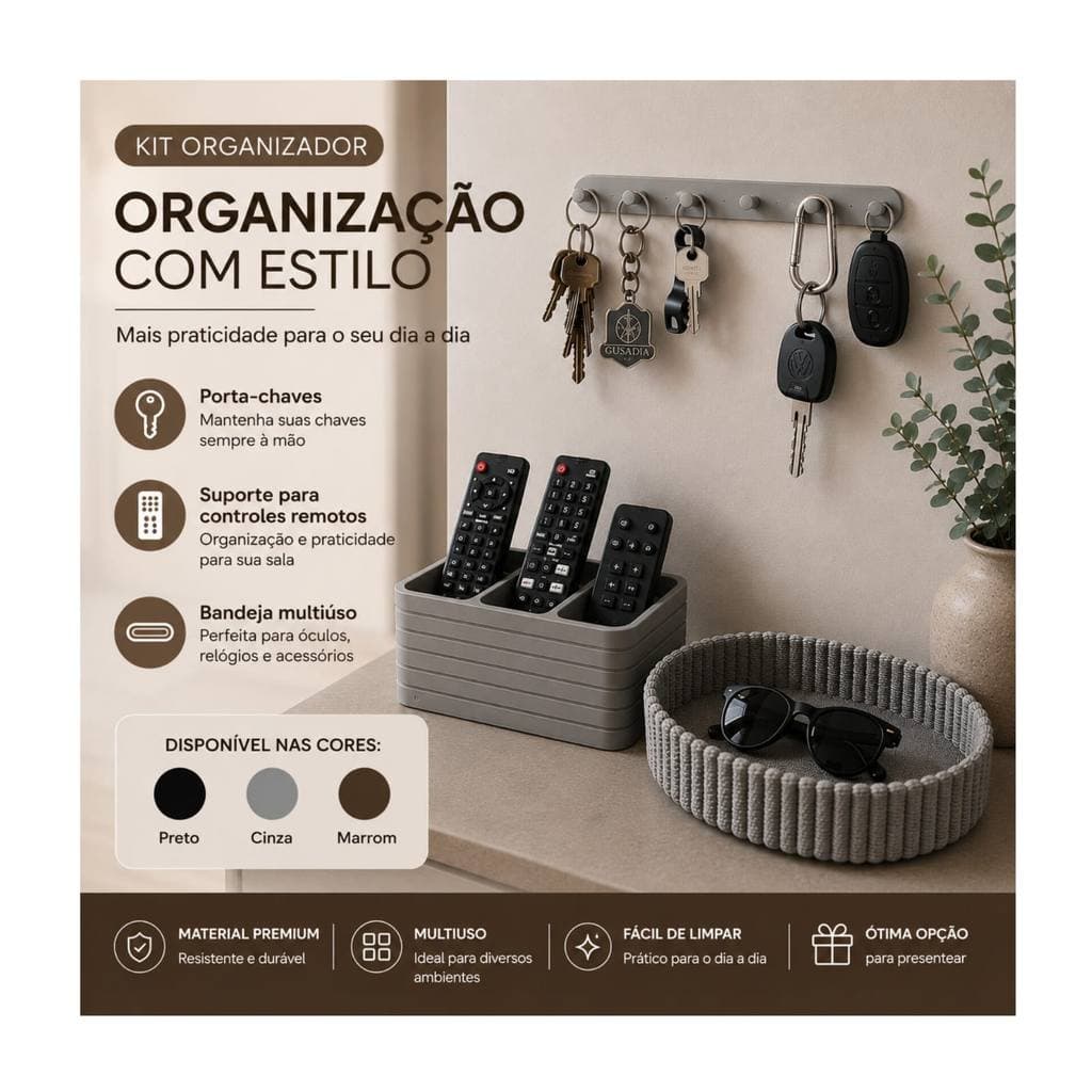 Kit Porta Chaves com Bandeja e Organizador Controle Remoto