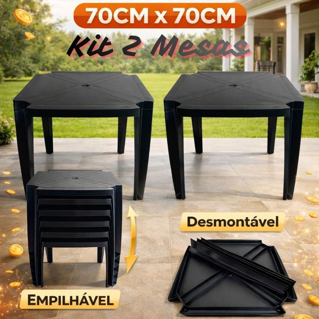 Kit com 2 Mesas Dubai 70x70 Pretas Reforçadas Desmontáveis e Empilháveis