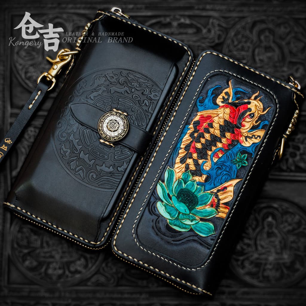 Carteira Lucky Fish!Deve comprar na loja!Carteira Cangyoshi feita à mão em couro esculpido masculina longa retrô com zíp