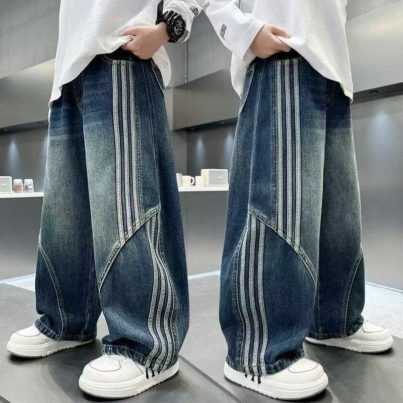 2026 novo estilo Retro lavado desconstrução Machete Jeans três barras listra costura calças de perna larga